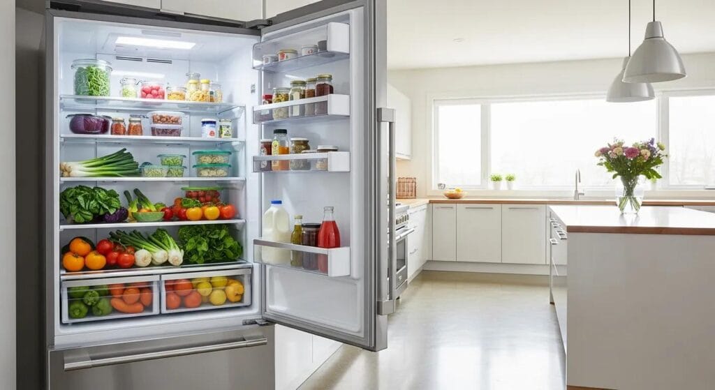 Bright kitchen with a modern refrigerator—fresh food safe and ready