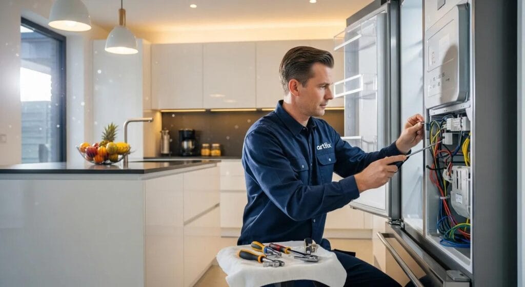 Artifix technician repairing a refrigerator in a modern kitchen