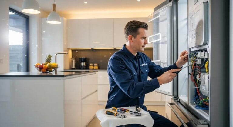 Artifix technician repairing a refrigerator in a modern kitchen