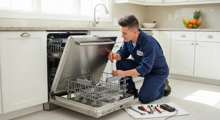 Stainless steel dishwasher in a bright kitchen — professional repair service