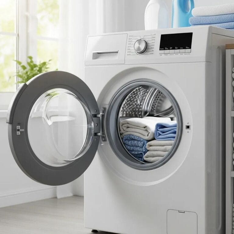 Modern washing machine in a bright laundry room with clothes inside, symbolizing washer troubleshooting and repair
