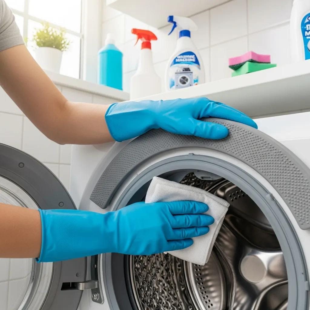 Person cleaning a washer drum and inspecting components — preventative maintenance for better washer performance