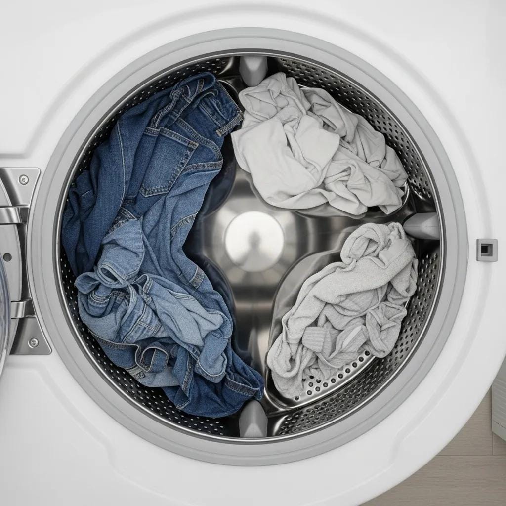 Washer drum with an unevenly distributed load, showing how load balance affects the spin cycle