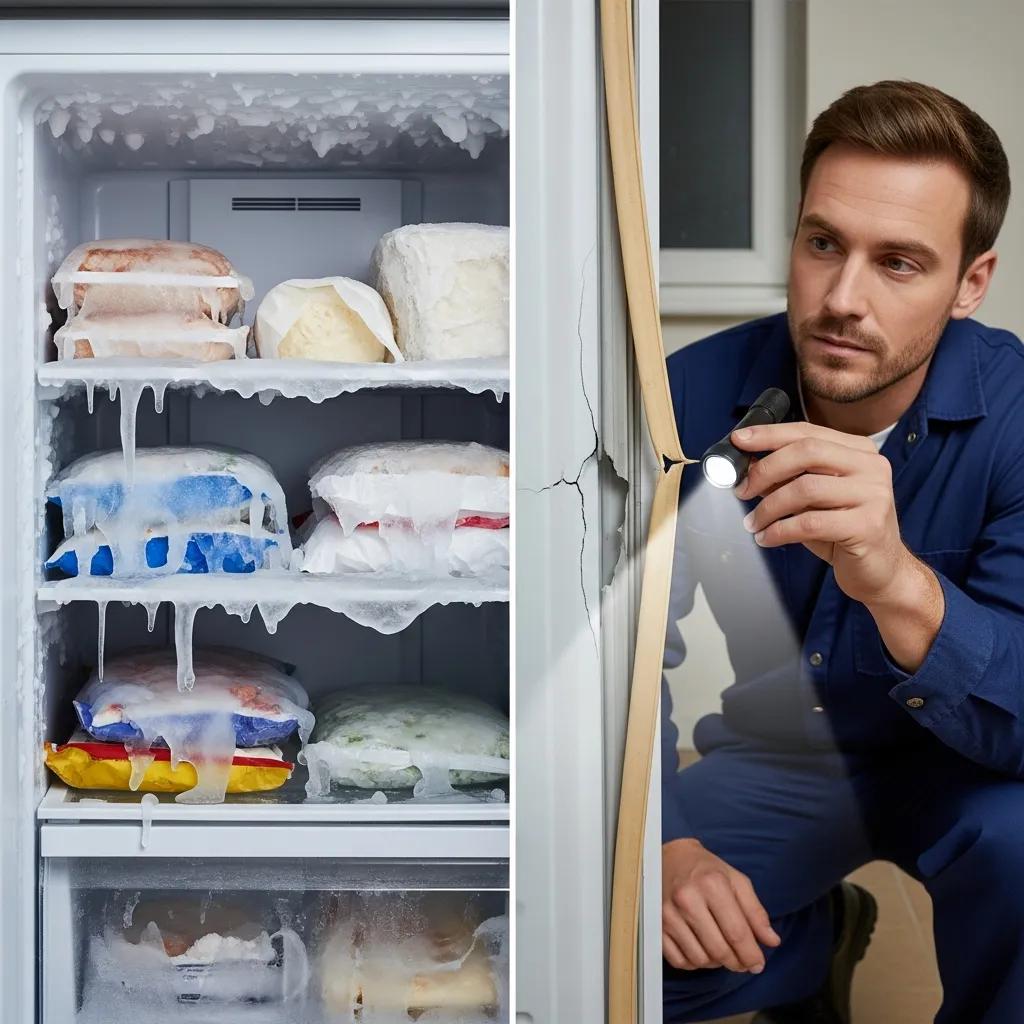 Close-up of a freezer with ice buildup while a technician inspects the door seal — common freezer issues in Pflugerville