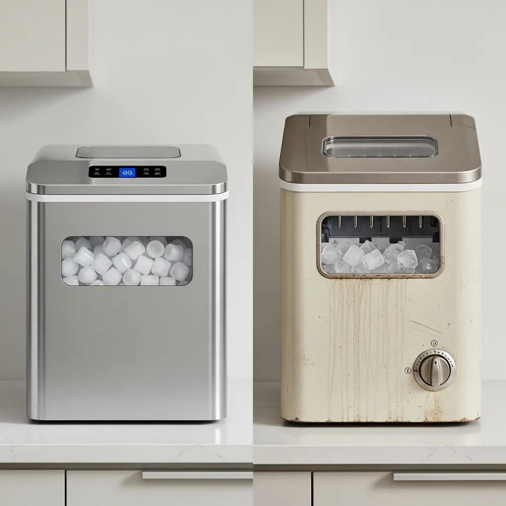 Comparison of new and old ice makers in a neutral kitchen setting