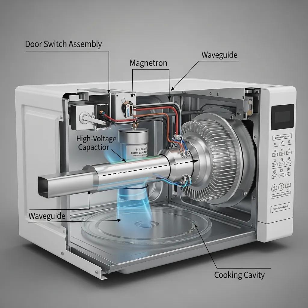 Microwave components: magnetron, capacitor, and door switch