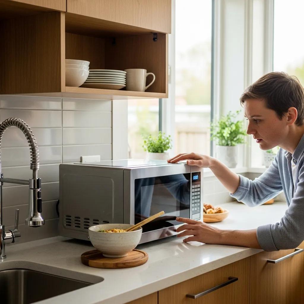 Microwave on countertop in a bright kitchen, person inspecting it with concern