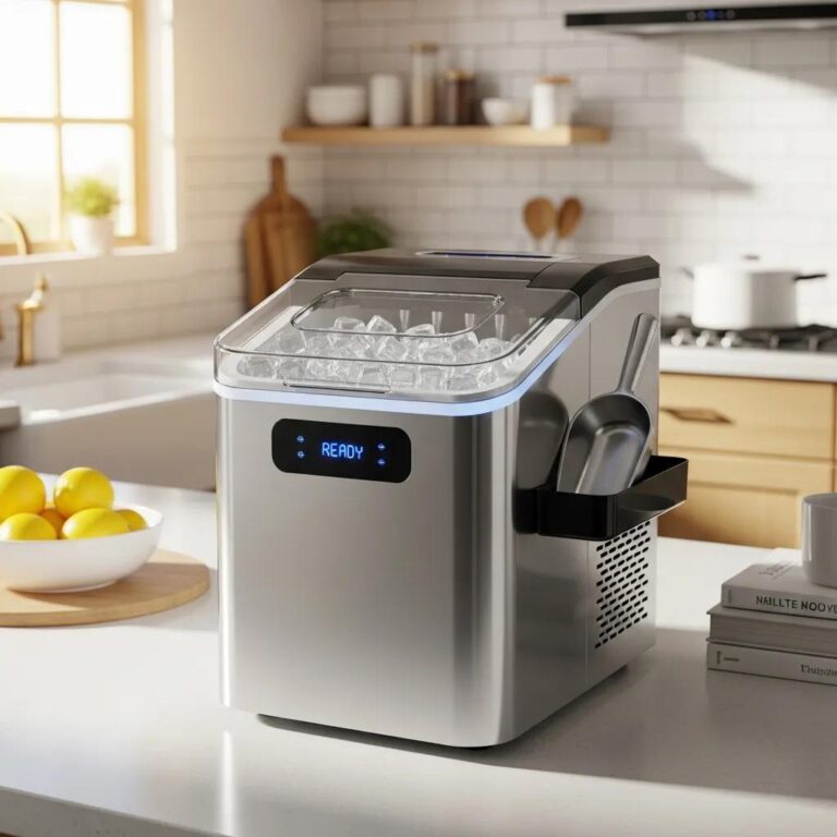 Modern ice maker in a bright kitchen, showcasing functionality and design