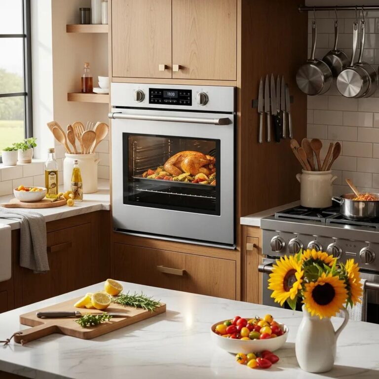 Modern kitchen with an oven and a delicious meal, highlighting the importance of oven functionality