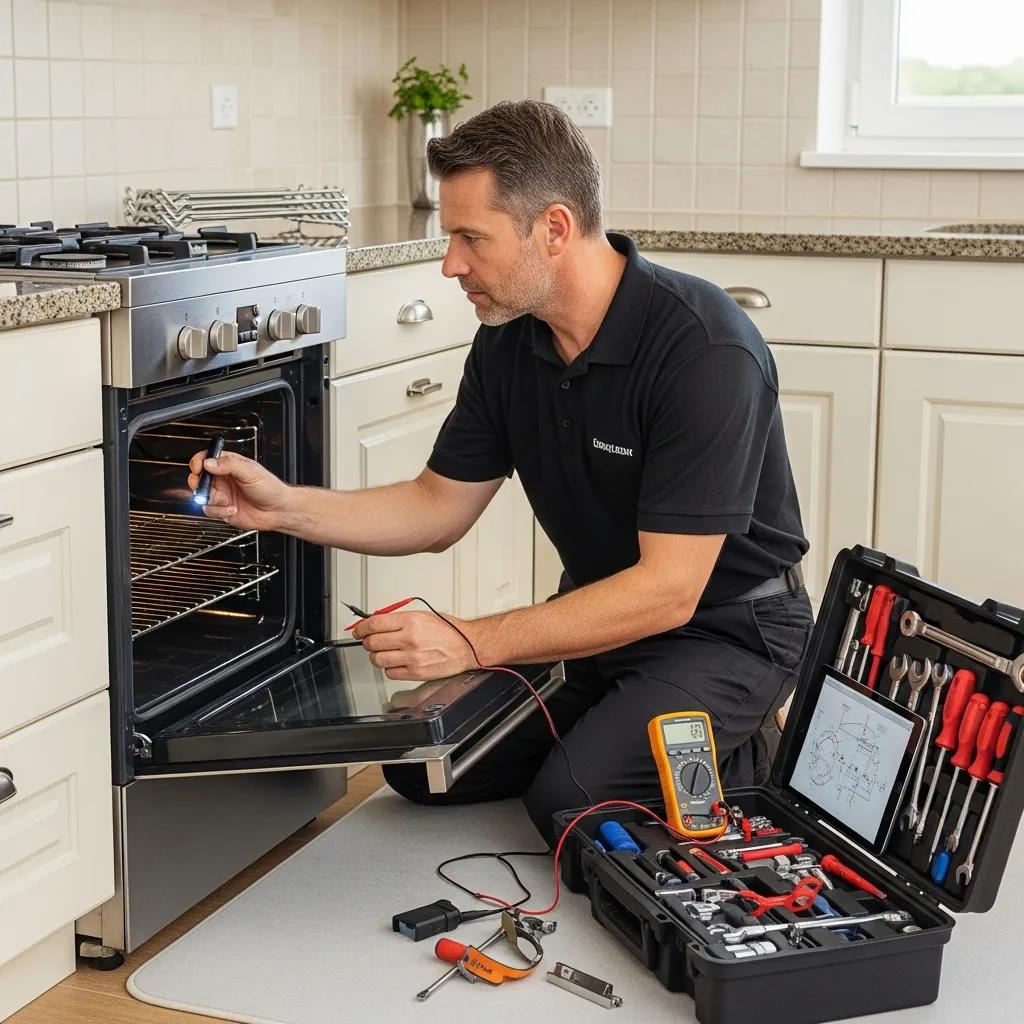A professional technician inspecting an oven in a kitchen