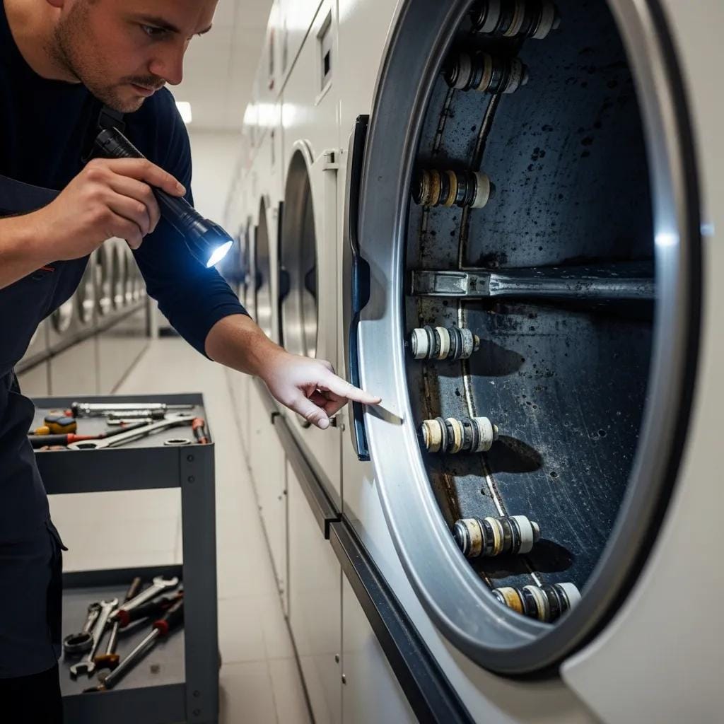 Technician checking a dryer drum and support parts to identify and fix noise issues