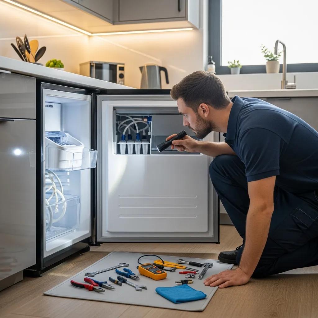 Technician inspecting ice maker for leaks in a well-lit kitchen