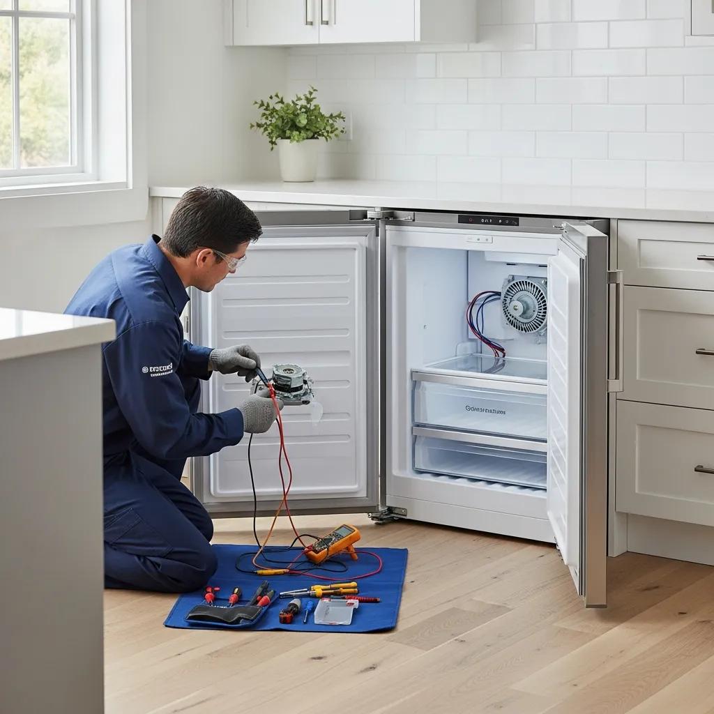 Technician repairing a freezer in a modern kitchen, highlighting professional appliance repair services