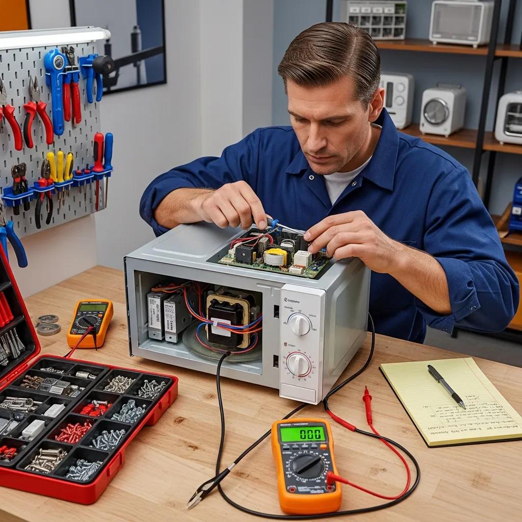 Technician repairing a microwave with tools on a workbench