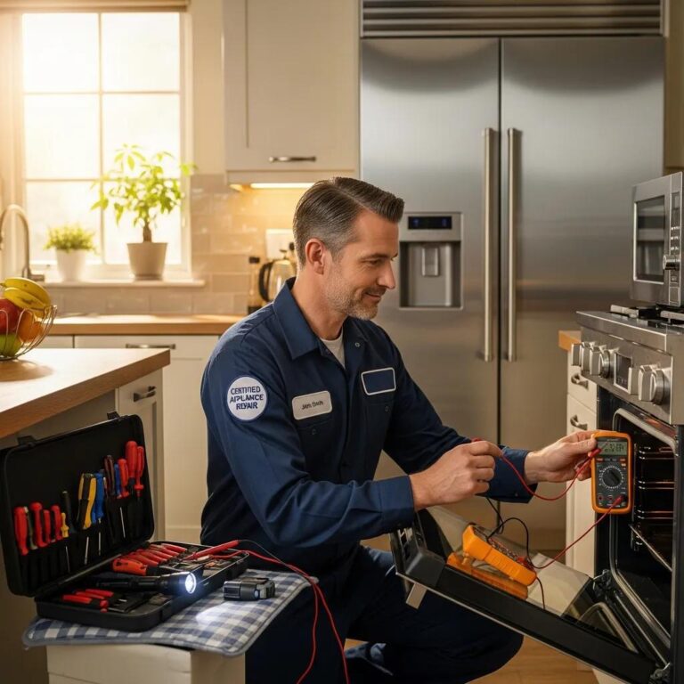 Certified technician inspecting an oven in a cozy kitchen, highlighting professional repair services