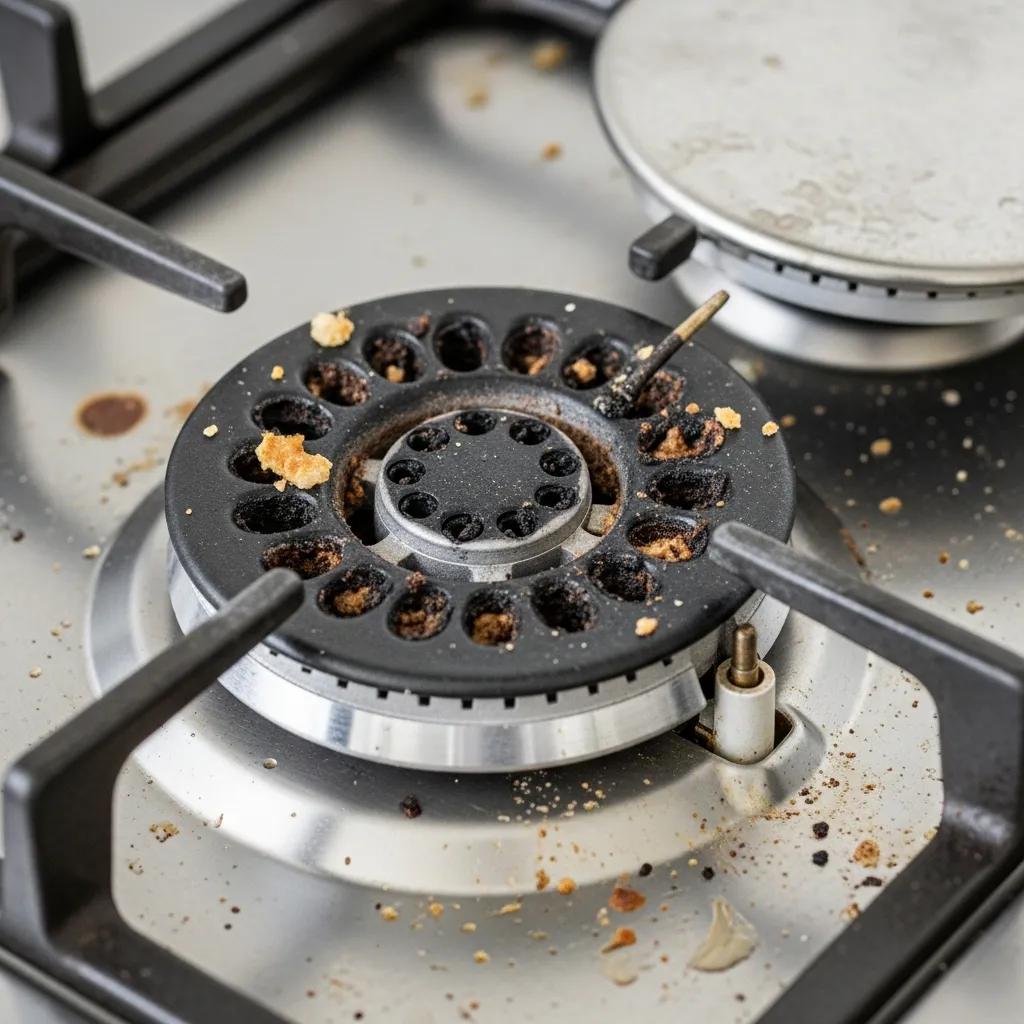 Close-up of a gas burner with debris near the ports