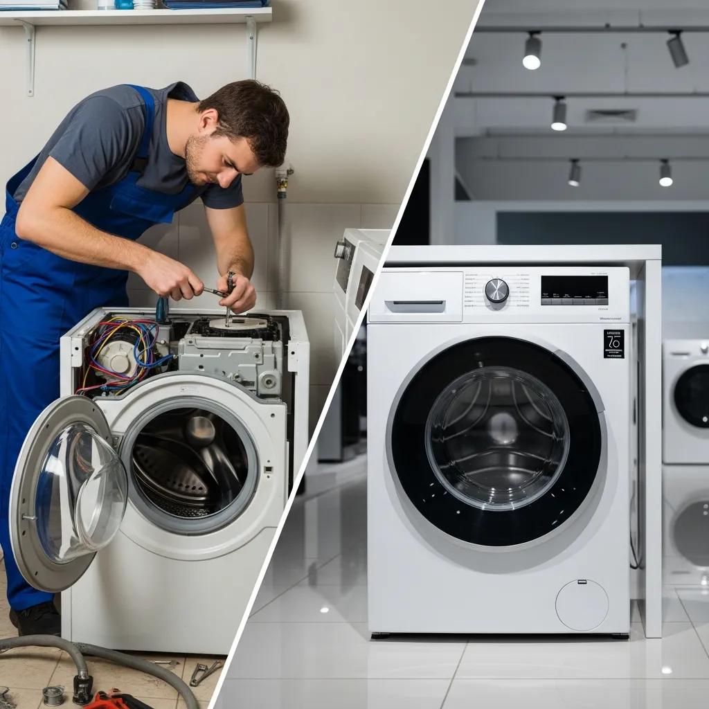 Side-by-side comparison of repairing an appliance and buying a new washing machine
