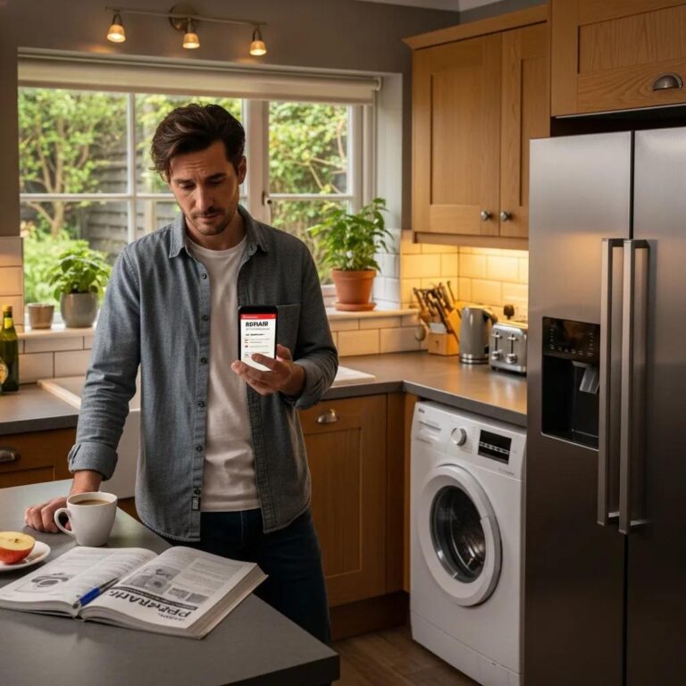 Homeowner considering appliance repair or replacement in a cozy kitchen