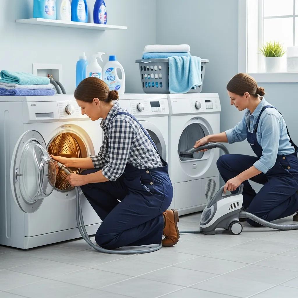 Homeowner checking washer hoses and cleaning dryer vents for better performance