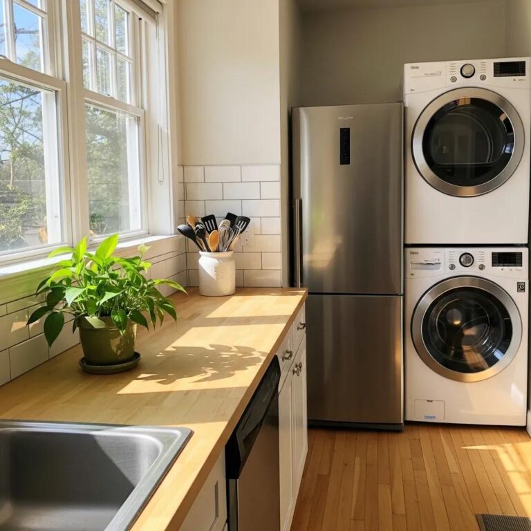 Homeowners maintaining appliances in a bright, organized kitchen