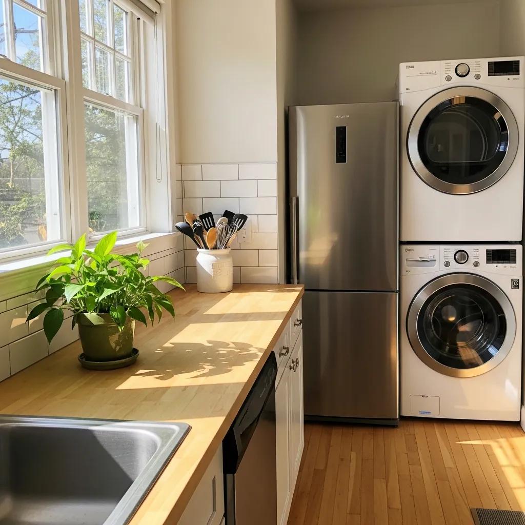 Homeowners maintaining appliances in a bright, organized kitchen