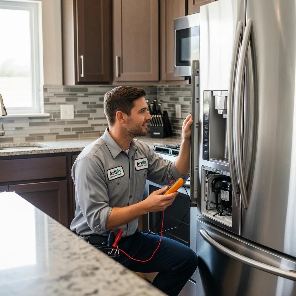 Licensed technician inspecting a refrigerator for repair in a modern kitchen