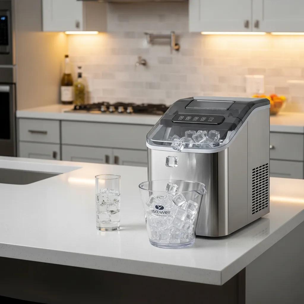Modern ice maker in a bright kitchen, illustrating convenience and functionality
