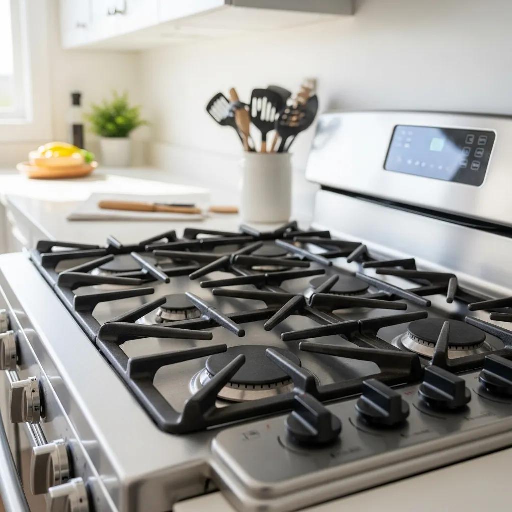 Modern kitchen stove with gas and electric burners, highlighting cooking environment