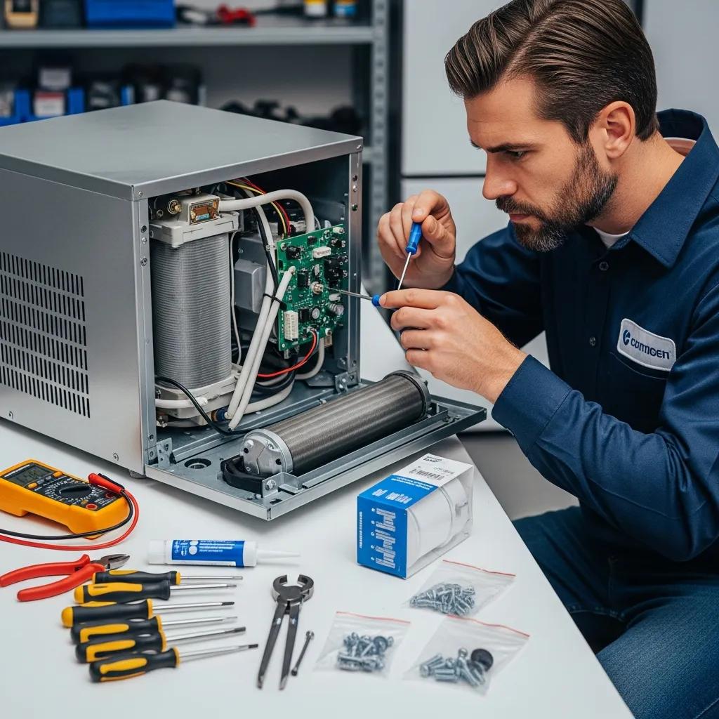 Repair technician servicing an ice maker, illustrating professional service and associated costs