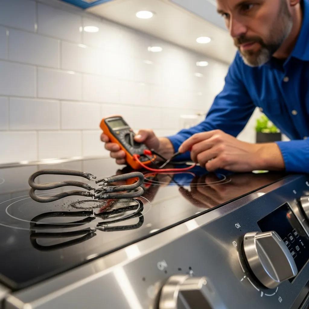 Technician checking an electric stove heating element