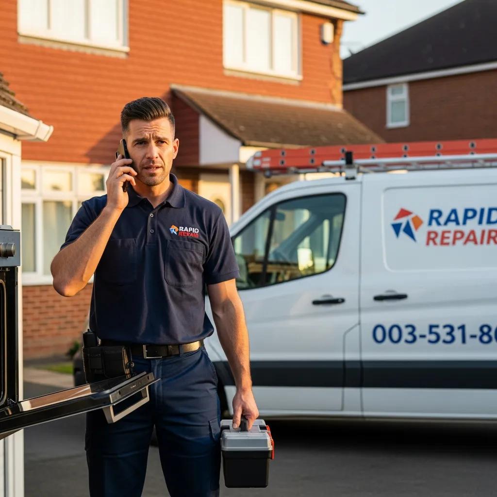 Technician answering a call for emergency oven repair — fast, professional service