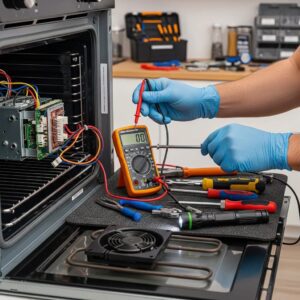 Close-up of a technician’s hands repairing oven components — demonstrating skill and attention to detail