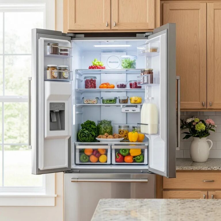 Modern refrigerator in a bright kitchen, showcasing fresh food items