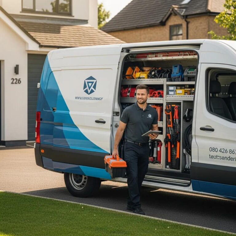 Appliance repair service van with technician arriving for residential service call