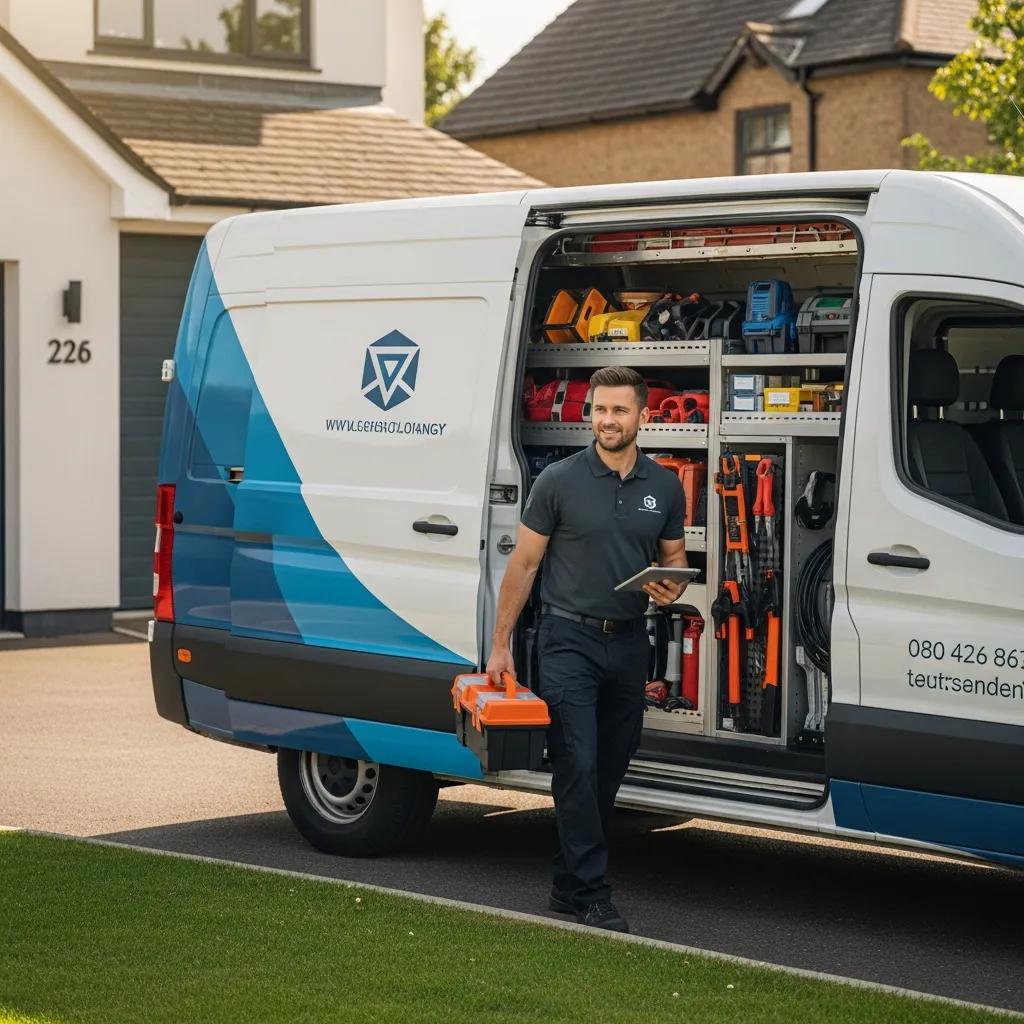 Appliance repair service van with technician arriving for residential service call
