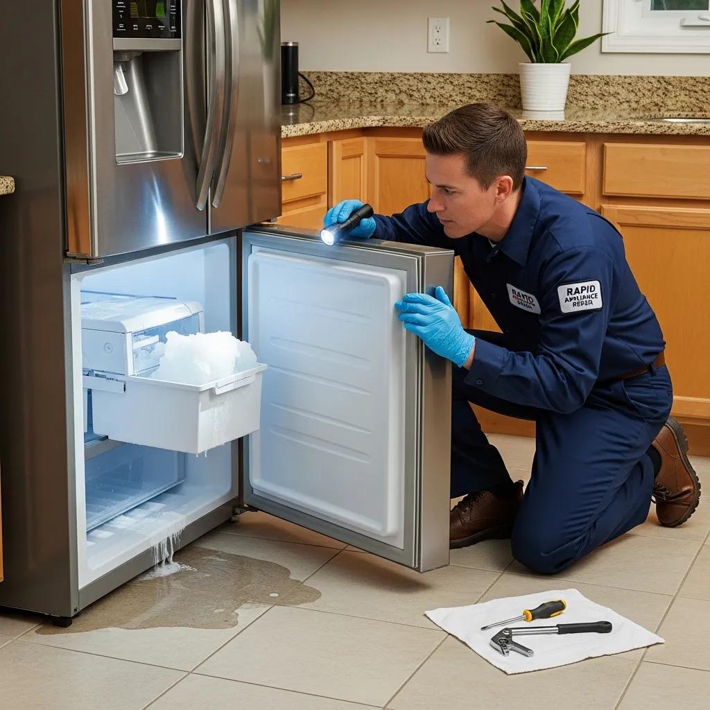 Technician repairing refrigerator compressor and checking internal components