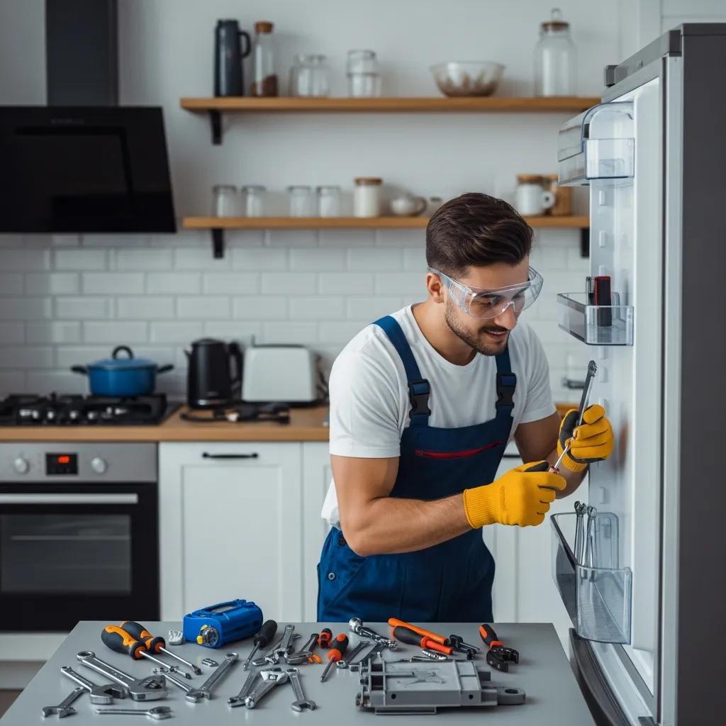 Technician repairing a refrigerator in a modern kitchen, highlighting professional appliance repair services