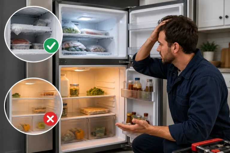 Frustrated technician inspects faulty fridge